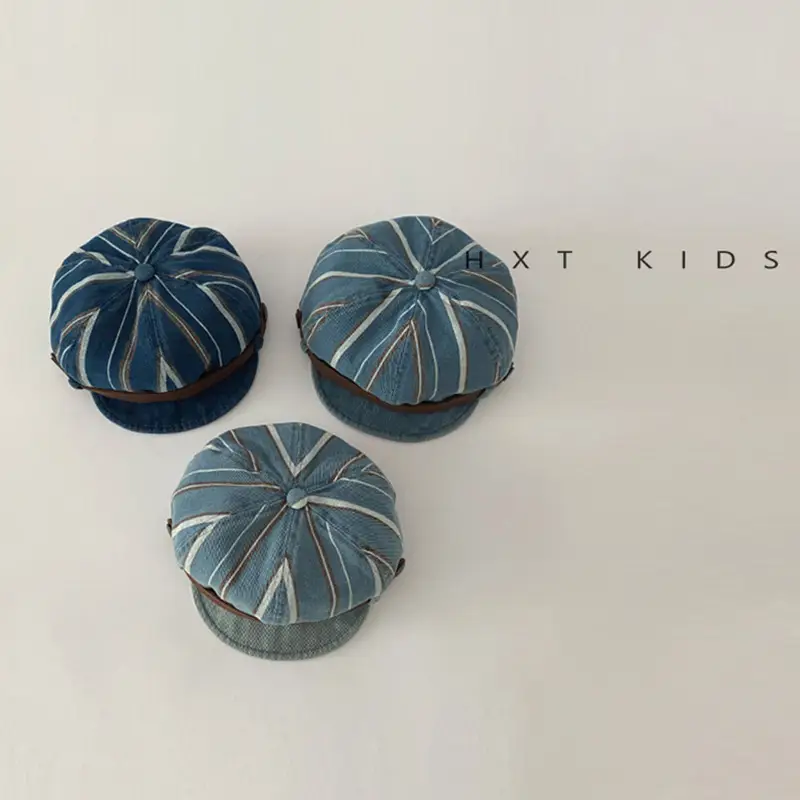 Children's Pumpkin Hat Blue Striped Spring Autumn Beret