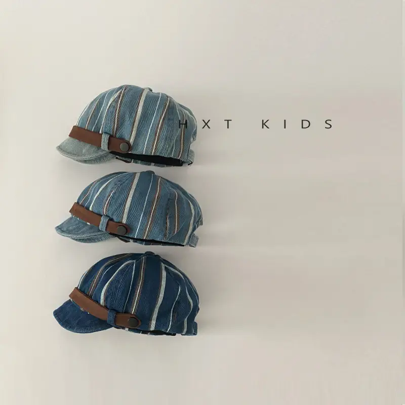 Children's Pumpkin Hat Blue Striped Spring Autumn Beret