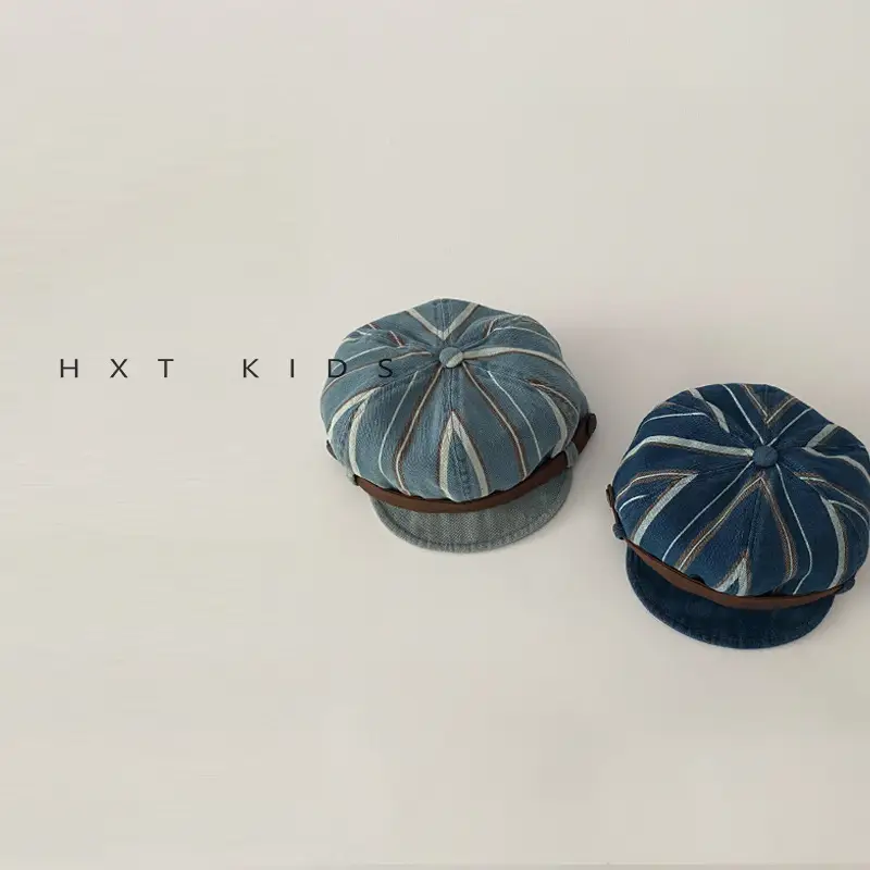 Children's Pumpkin Hat Blue Striped Spring Autumn Beret
