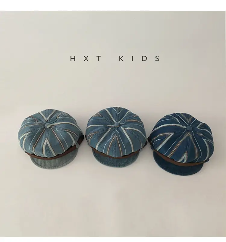 Children's Pumpkin Hat Blue Striped Spring Autumn Beret — feature 3