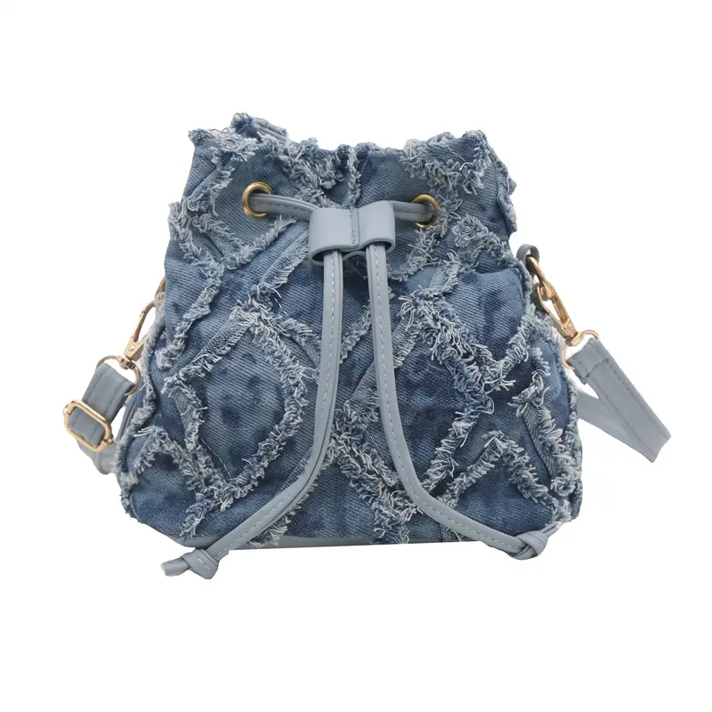 Lingge Blue Drawstring Tassel Shoulder Bag Women