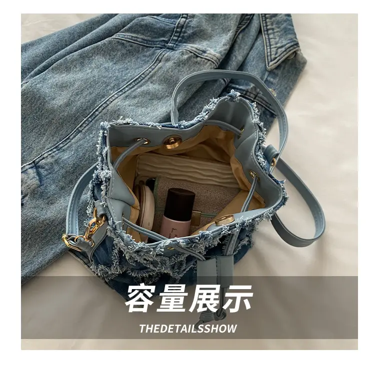 Lingge Blue Drawstring Tassel Shoulder Bag Women — feature 6