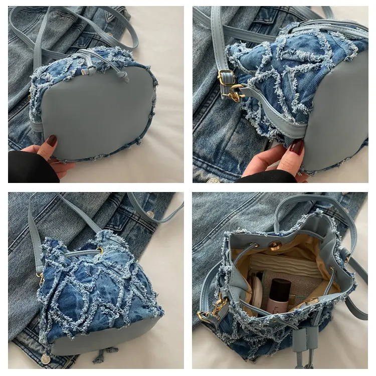 Lingge Blue Drawstring Tassel Shoulder Bag Women — feature 7