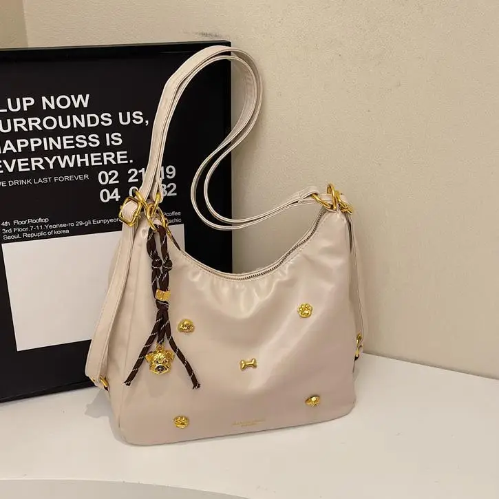 Women's Cross-border Retro Shoulder Tote Bag Beige Gold Button - Image 5