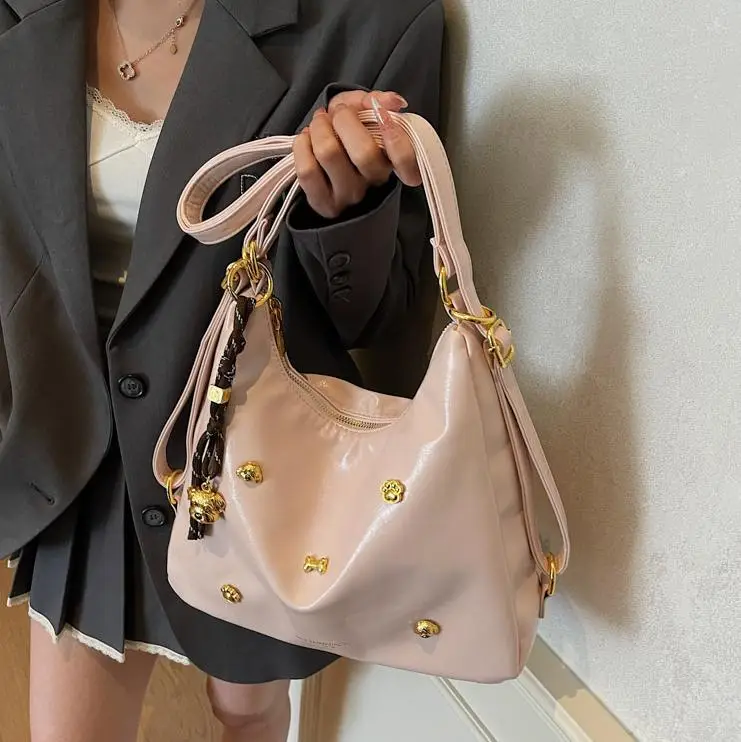 Women's Cross-border Retro Shoulder Tote Bag Beige Gold Button - Image 7
