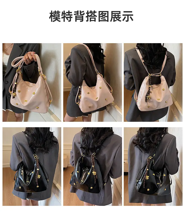 Women's Cross-border Retro Shoulder Tote Bag Beige Gold Button — feature 10