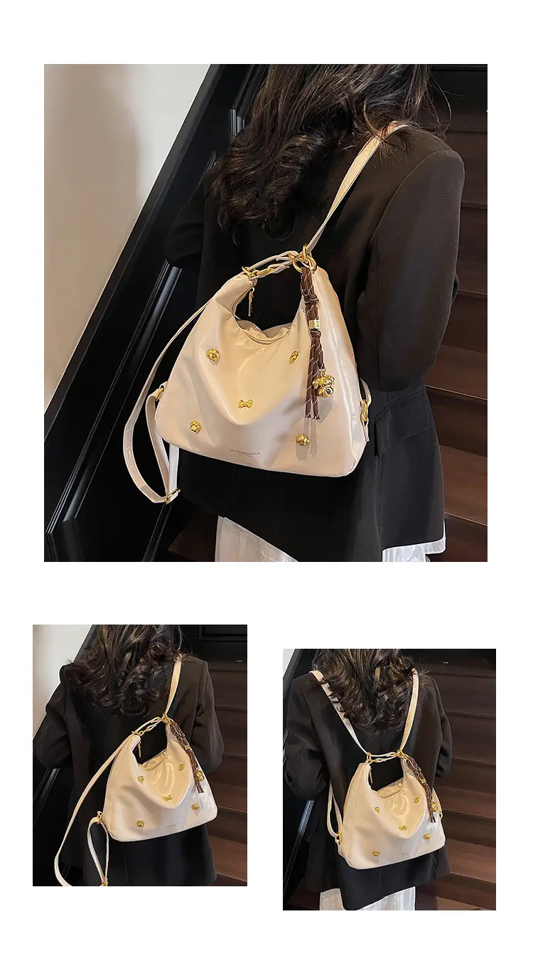 Women's Cross-border Retro Shoulder Tote Bag Beige Gold Button — feature 11