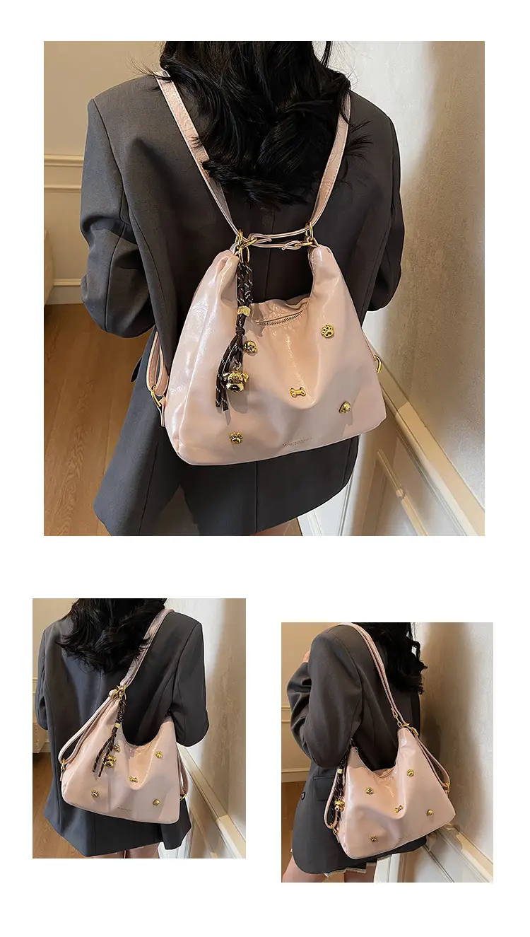 Women's Cross-border Retro Shoulder Tote Bag Beige Gold Button — feature 13