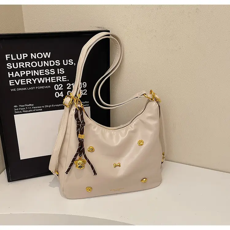 Women's Cross-border Retro Shoulder Tote Bag Beige Gold Button — feature 16
