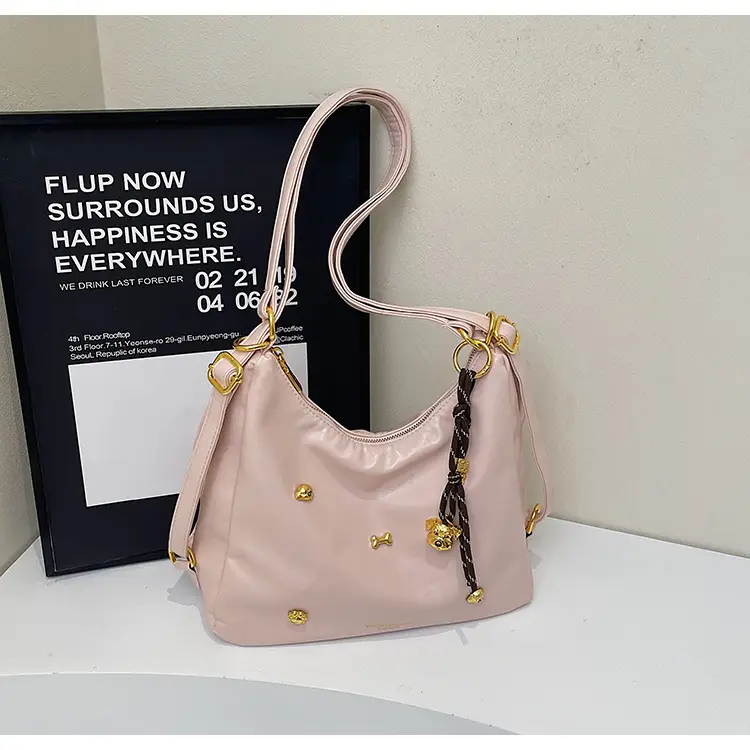 Women's Cross-border Retro Shoulder Tote Bag Beige Gold Button — feature 17