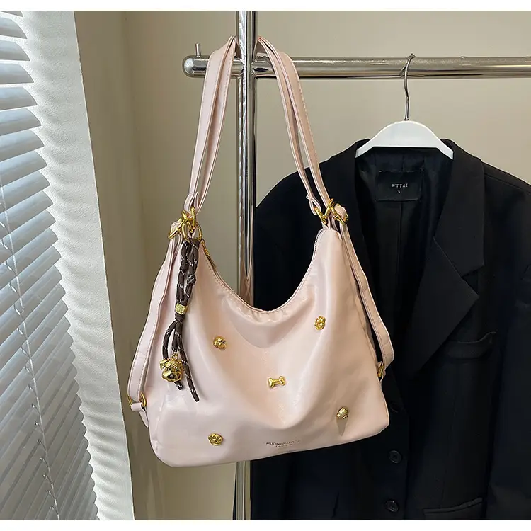 Women's Cross-border Retro Shoulder Tote Bag Beige Gold Button — feature 22