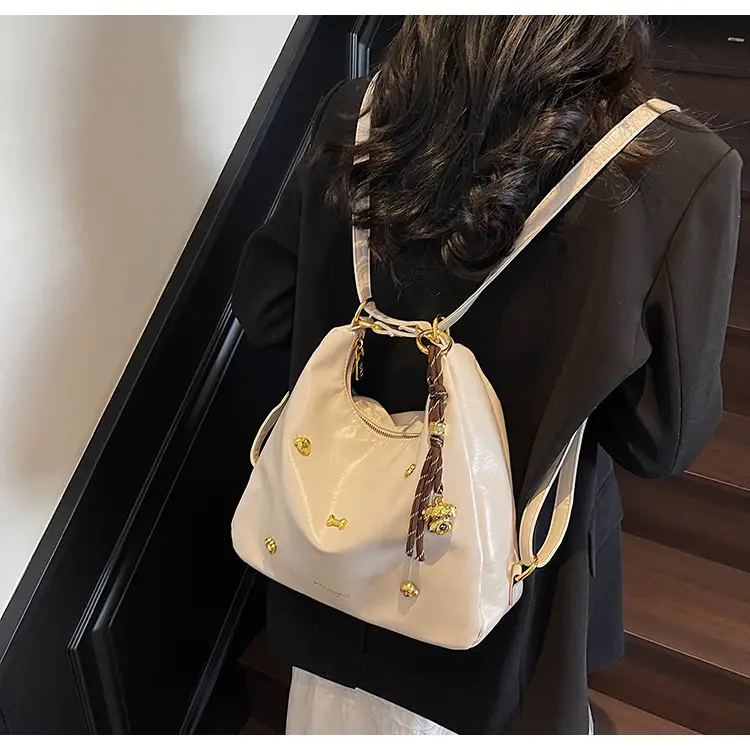Women's Cross-border Retro Shoulder Tote Bag Beige Gold Button — feature 28