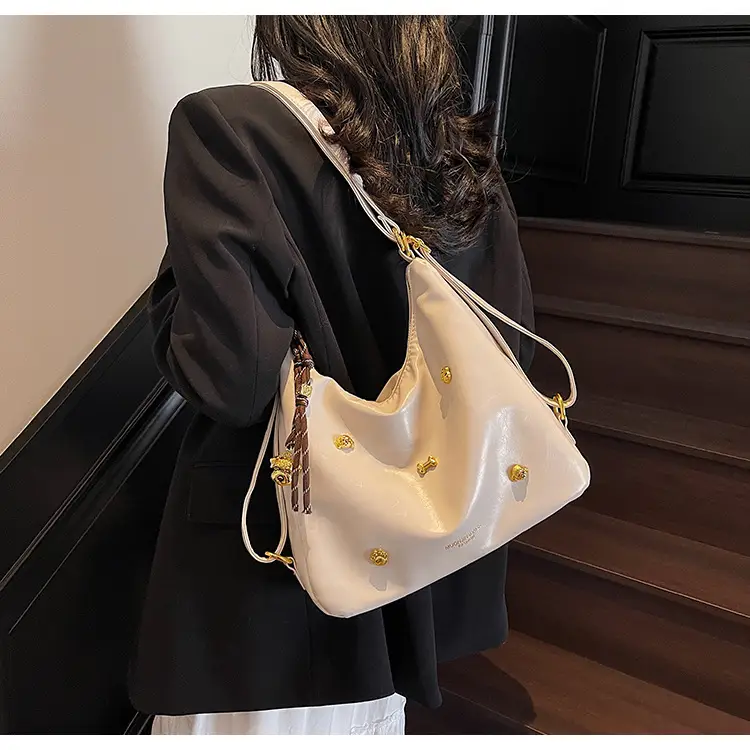 Women's Cross-border Retro Shoulder Tote Bag Beige Gold Button — feature 29