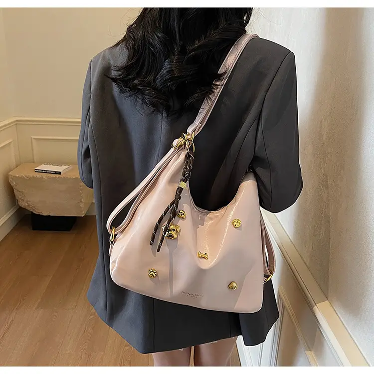 Women's Cross-border Retro Shoulder Tote Bag Beige Gold Button — feature 33
