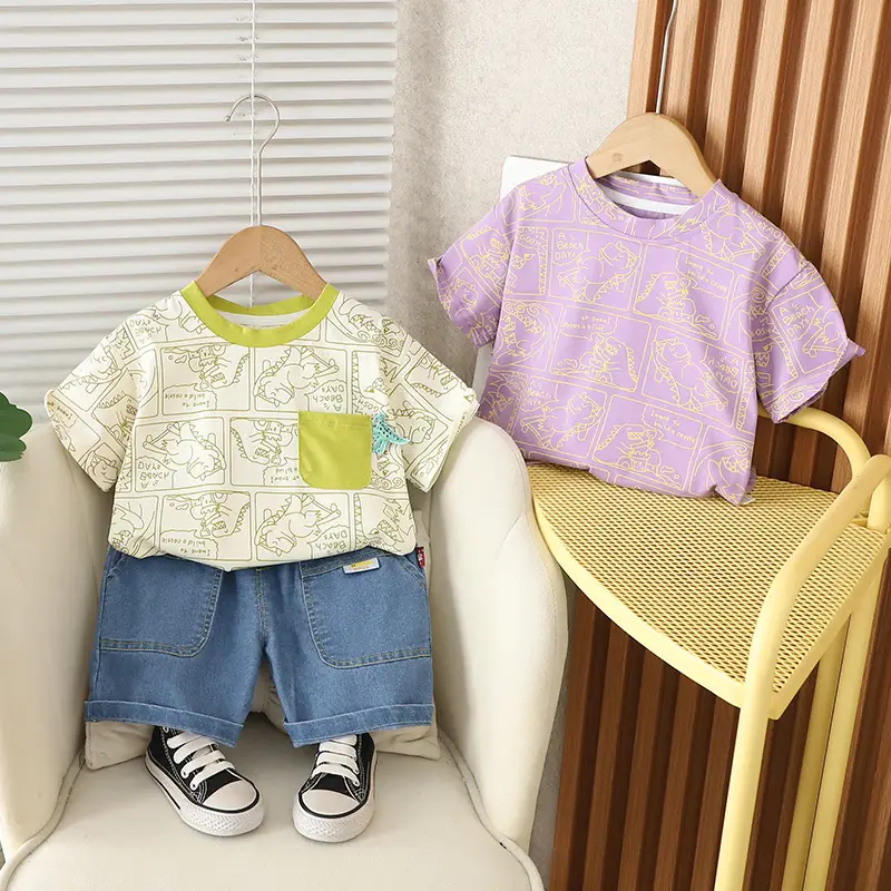 Children's Purple Dinosaur Print 2Pc Summer Suit - Image 3
