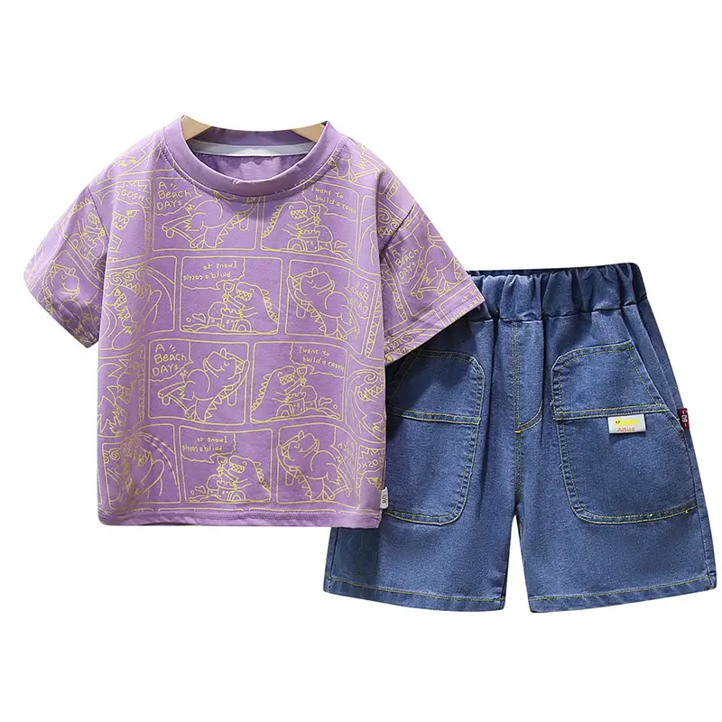 Children's Purple Dinosaur Print 2Pc Summer Suit - Image 5