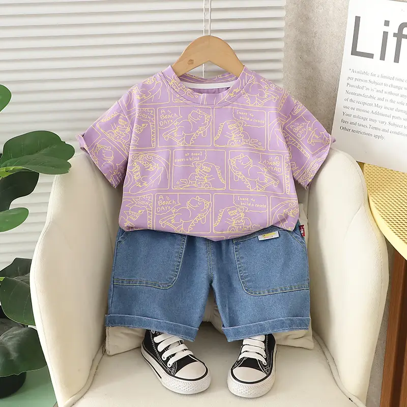 Children's Purple Dinosaur Print 2Pc Summer Suit — feature 6