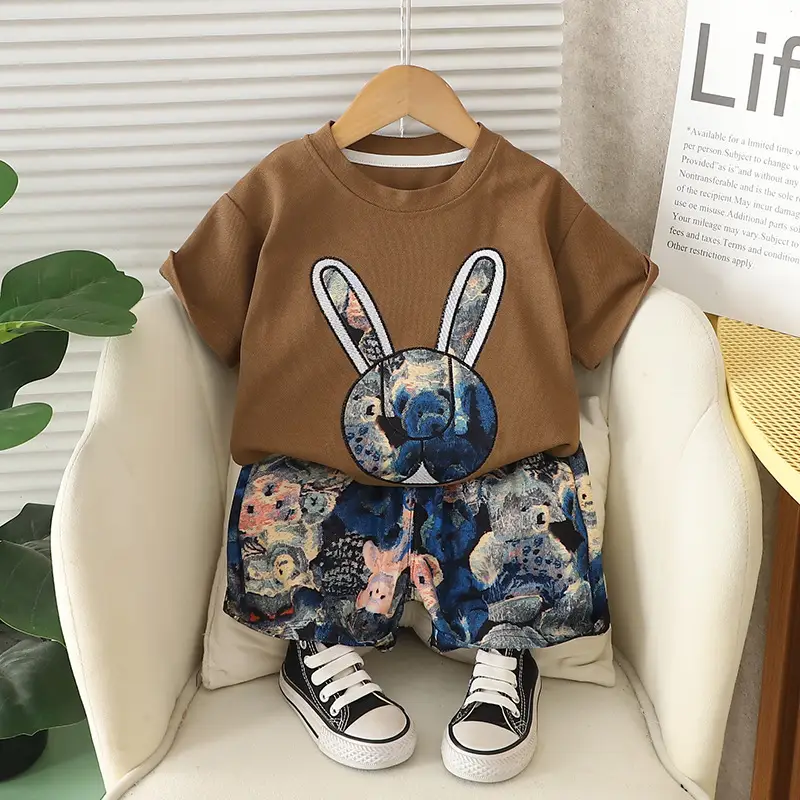 Children's Bunny Print Summer Suit Brown T-Shirt Shorts Set - Image 3