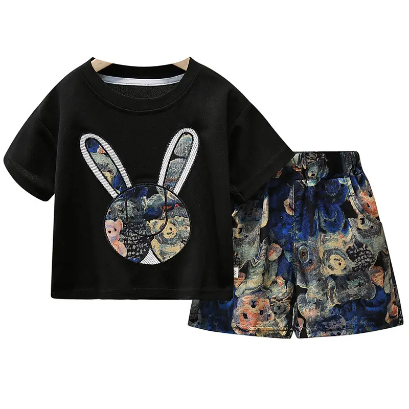 Children's Bunny Print Summer Suit Brown T-Shirt Shorts Set - Image 5