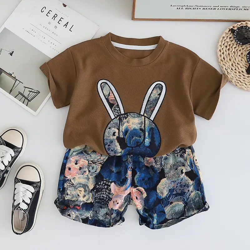 Children's Bunny Print Summer Suit Brown T-Shirt Shorts Set — feature 6