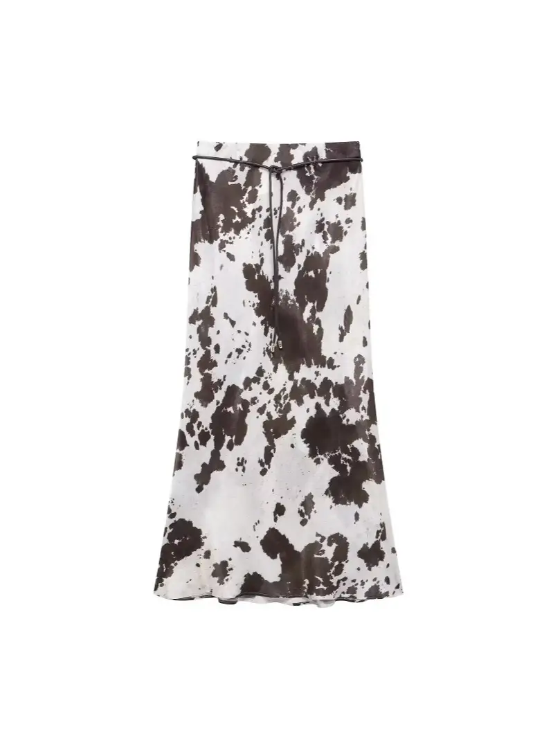 Women Printed Cowhide Lapel Shirt with Belt Midi Suit - Image 4