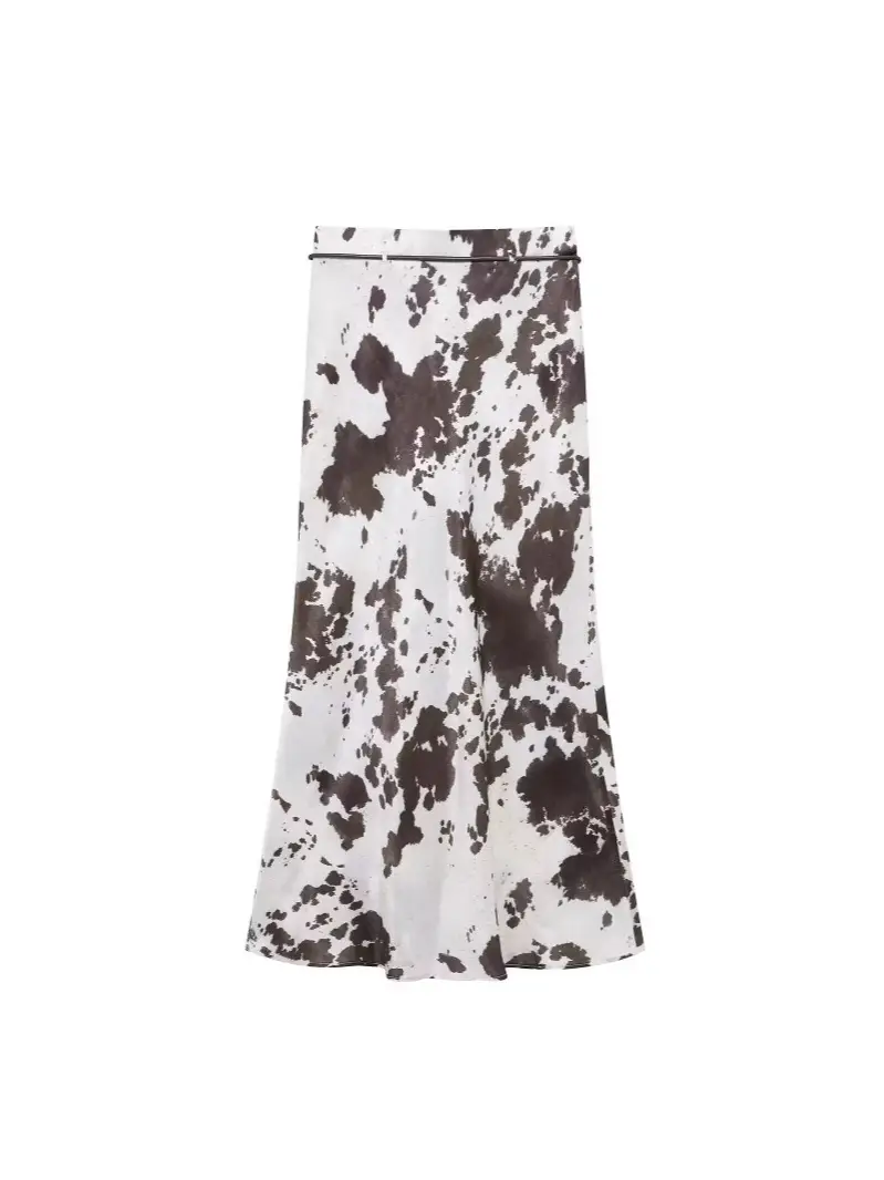 Women Printed Cowhide Lapel Shirt with Belt Midi Suit - Image 5
