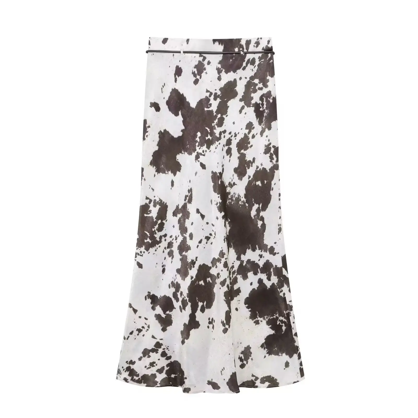 Women Printed Cowhide Lapel Shirt with Belt Midi Suit — feature 16