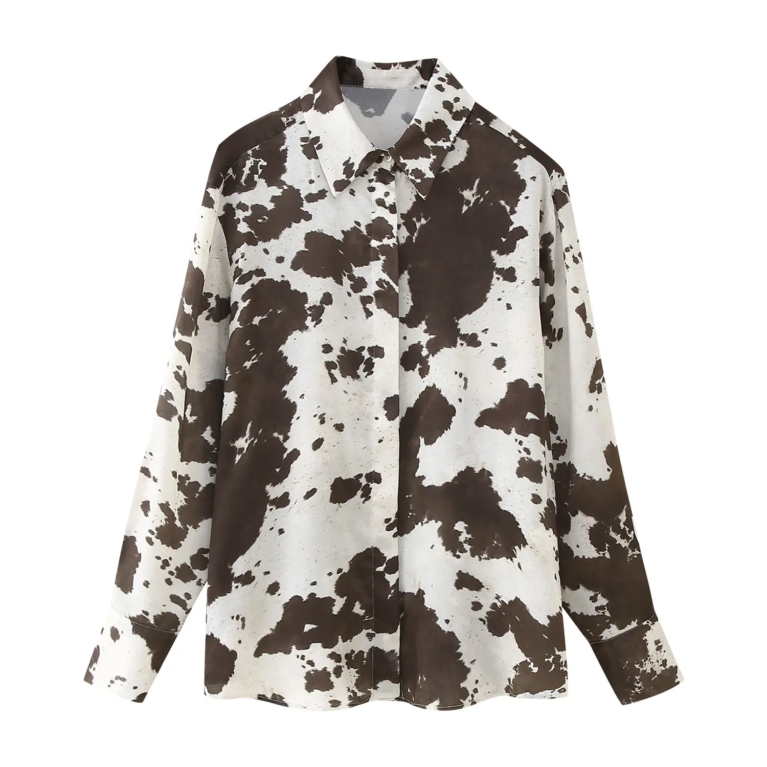 Women Printed Cowhide Lapel Shirt with Belt Midi Suit — feature 3
