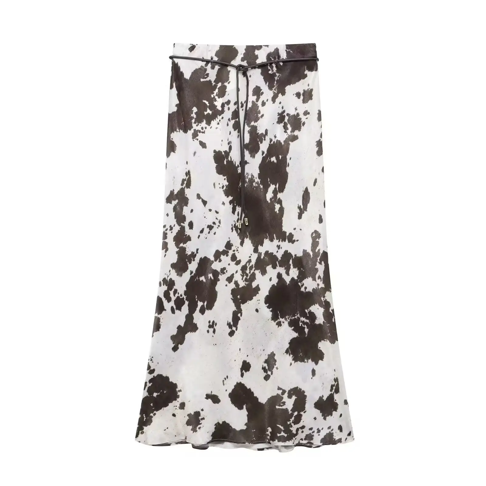 Women Printed Cowhide Lapel Shirt with Belt Midi Suit - Image 2