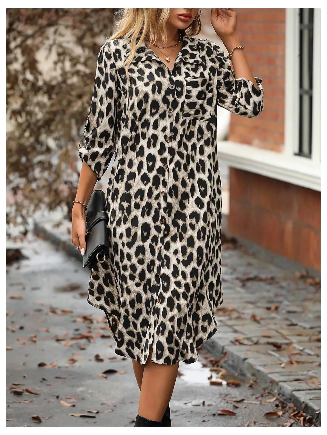 European American Leopard Print Sleeve Shirt Dress — feature 12
