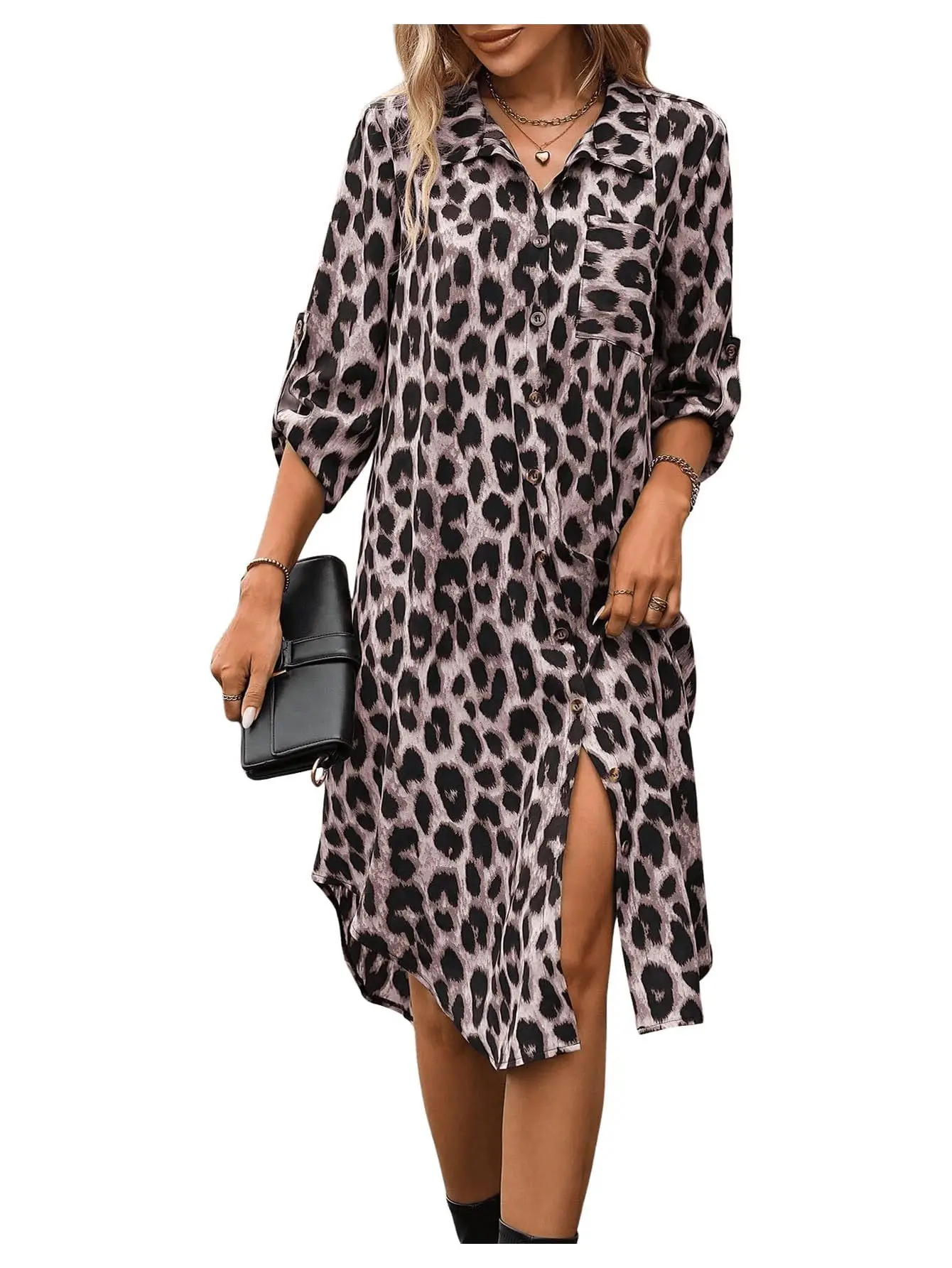 European American Leopard Print Sleeve Shirt Dress — feature 15