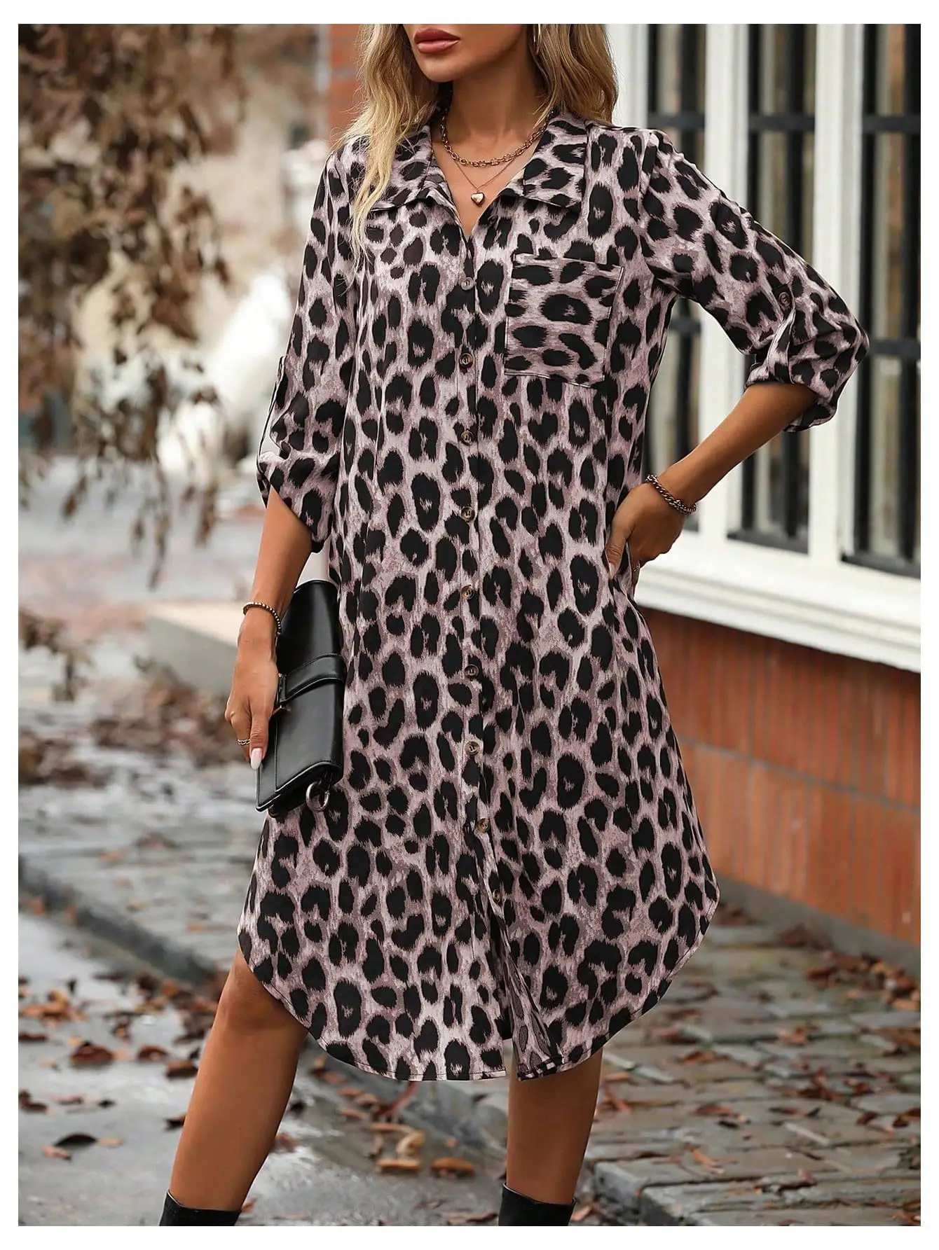European American Leopard Print Sleeve Shirt Dress — feature 17