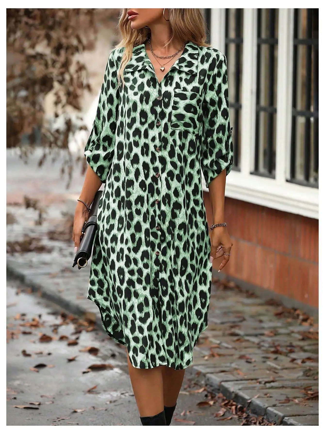 European American Leopard Print Sleeve Shirt Dress — feature 24