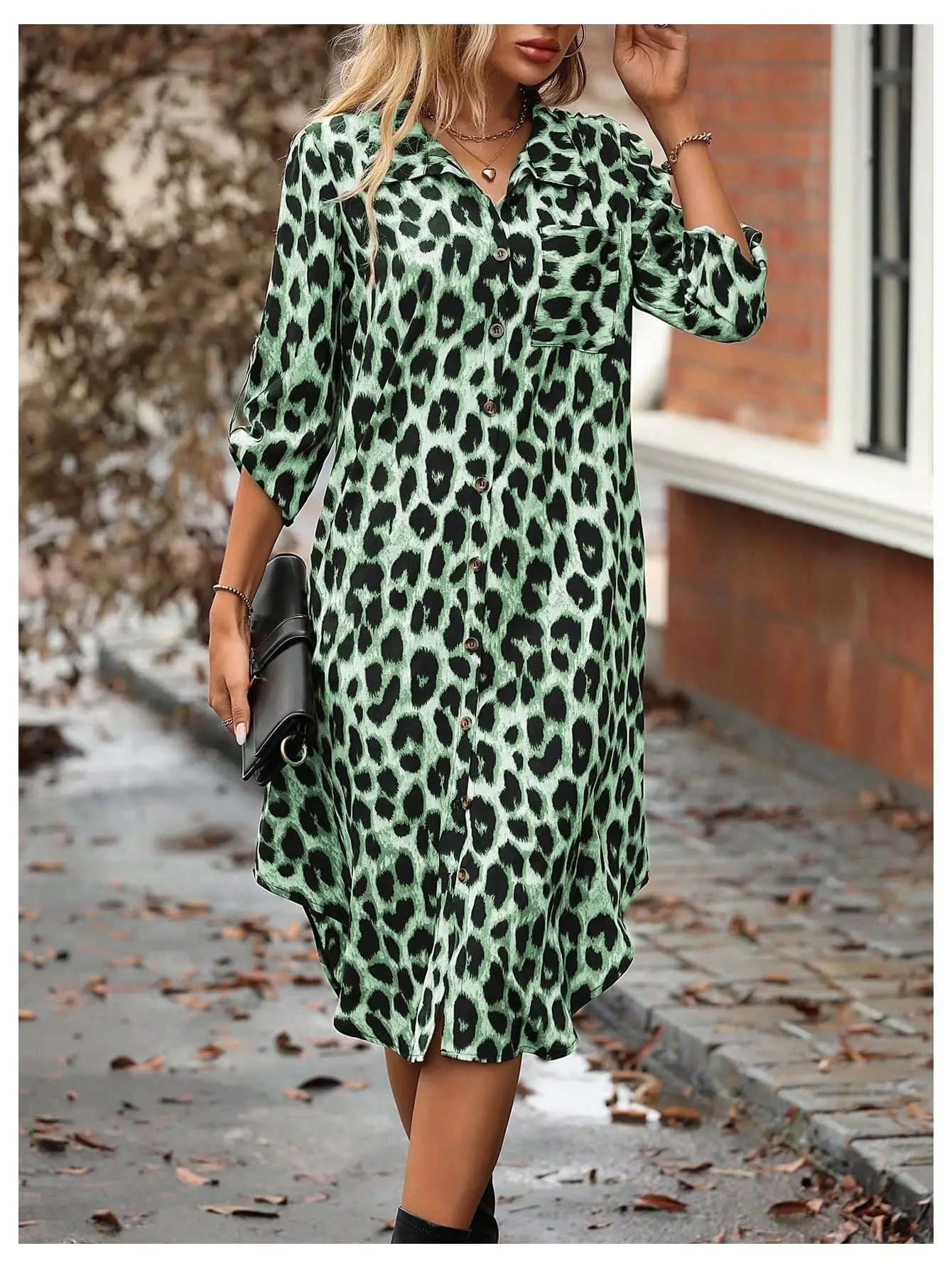 European American Leopard Print Sleeve Shirt Dress — feature 25