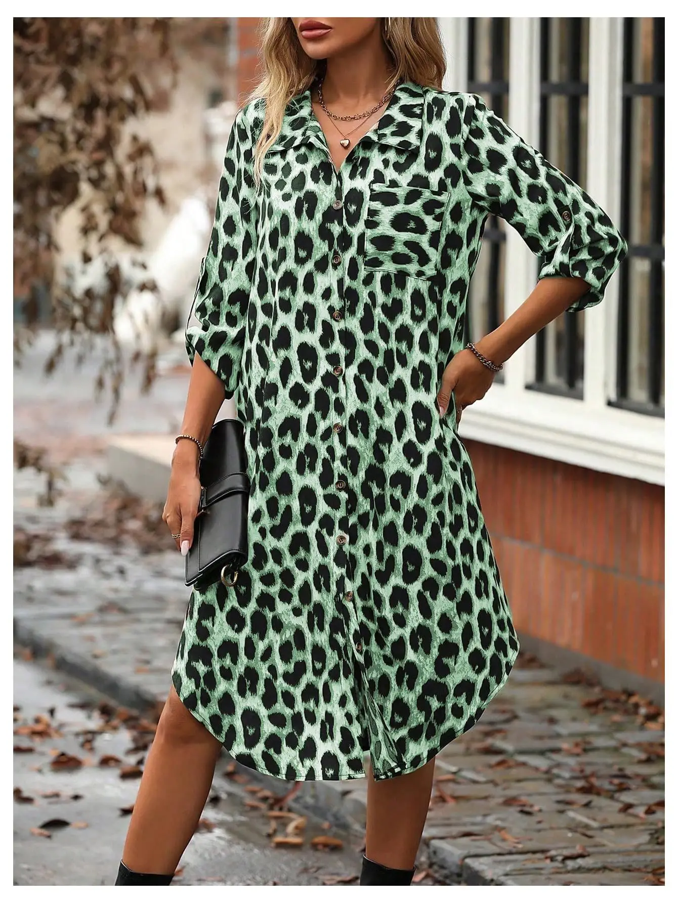 European American Leopard Print Sleeve Shirt Dress — feature 27