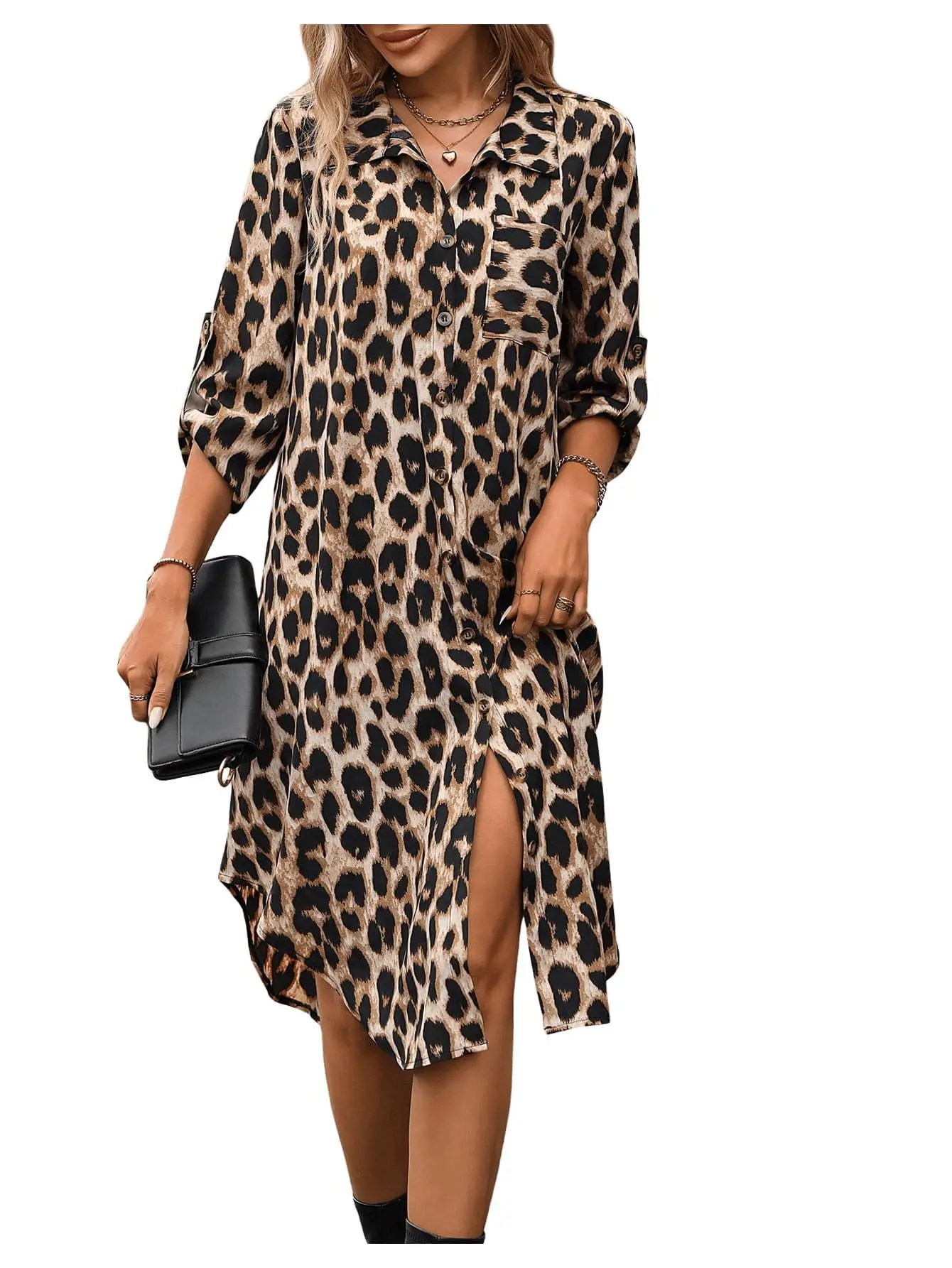 European American Leopard Print Sleeve Shirt Dress — feature 29