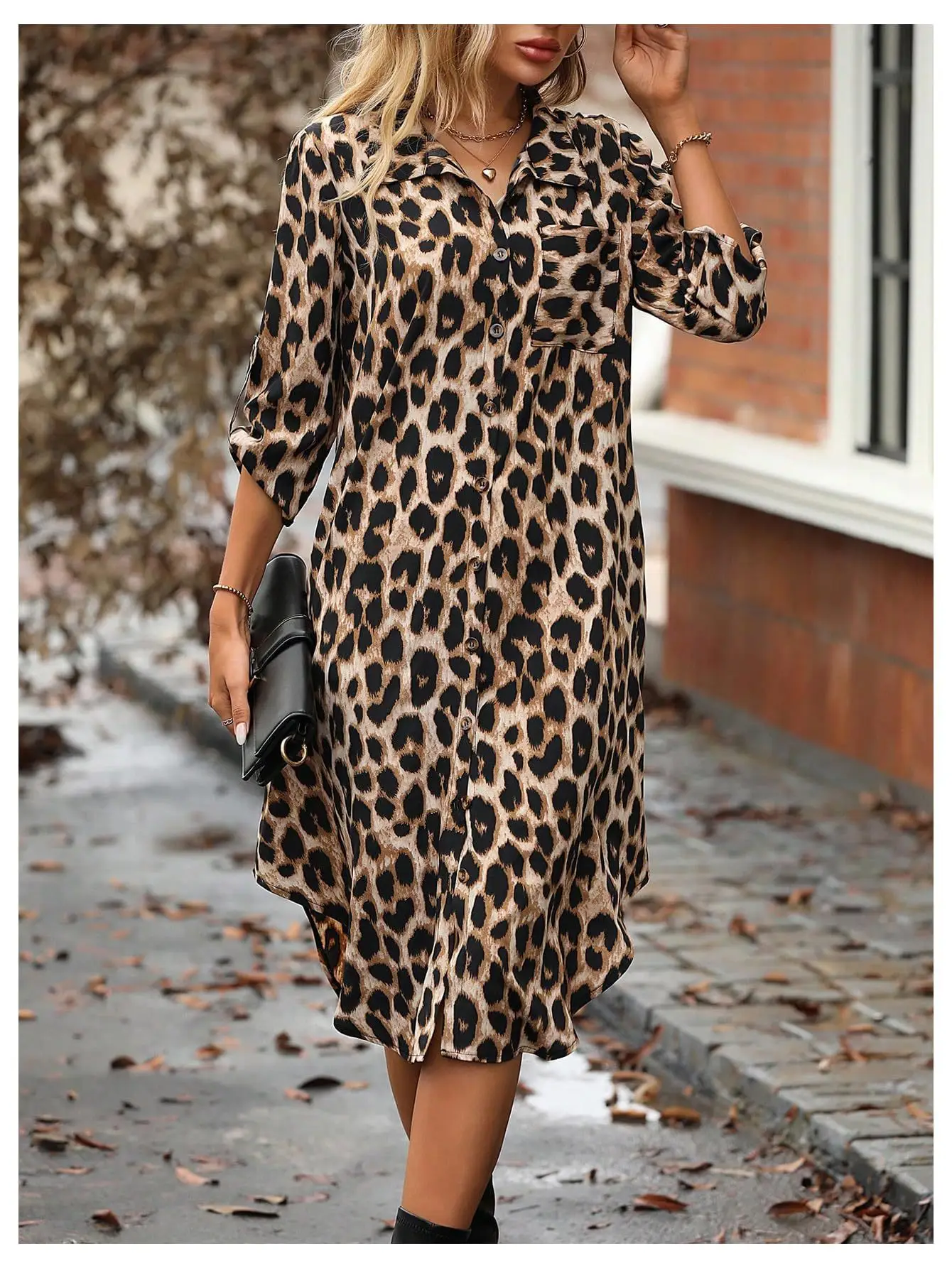 European American Leopard Print Sleeve Shirt Dress — feature 34