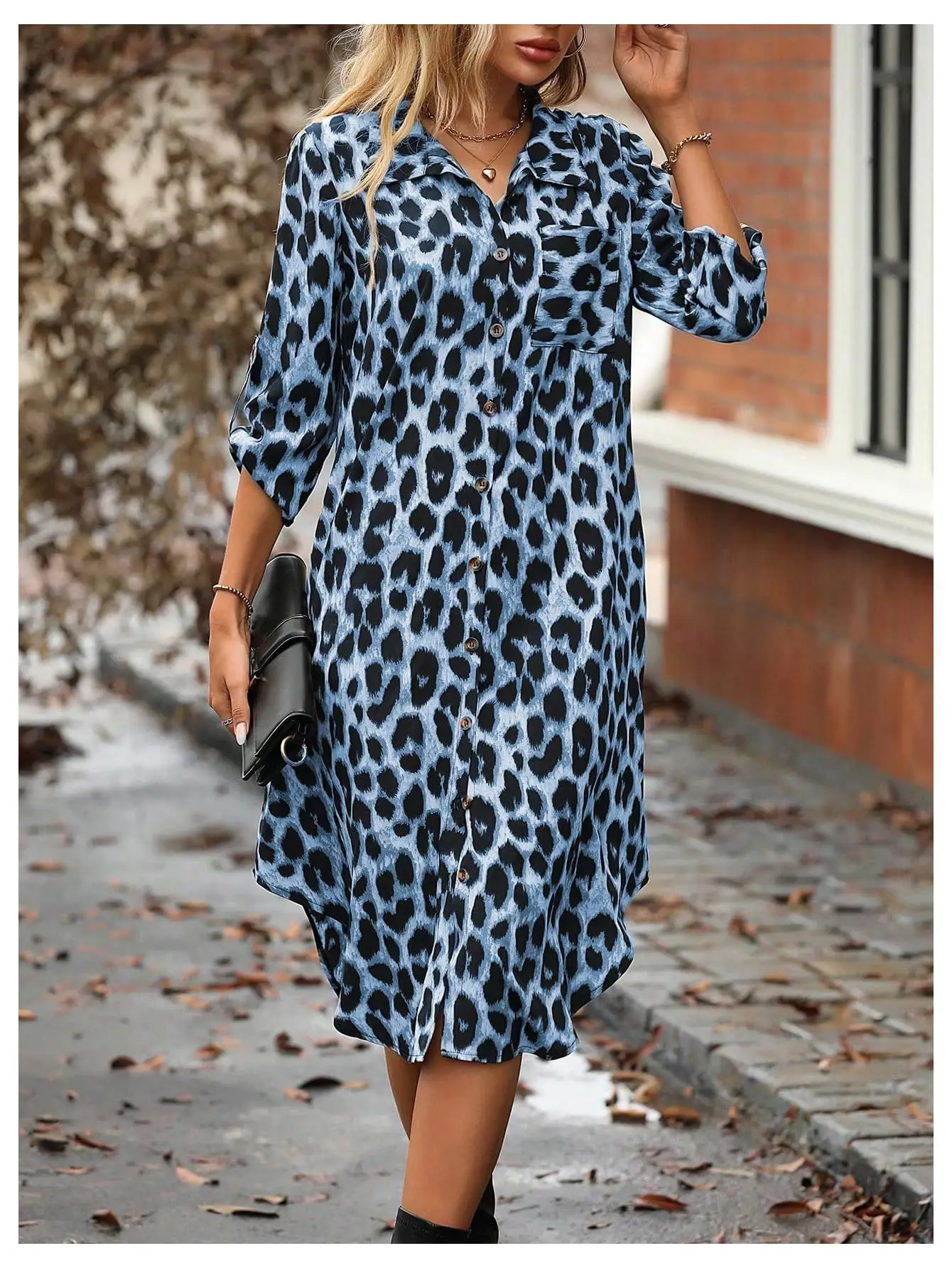 European American Leopard Print Sleeve Shirt Dress — feature 7