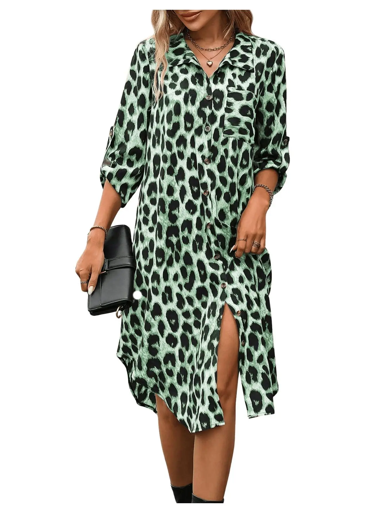 European American Leopard Print Sleeve Shirt Dress - Image 2