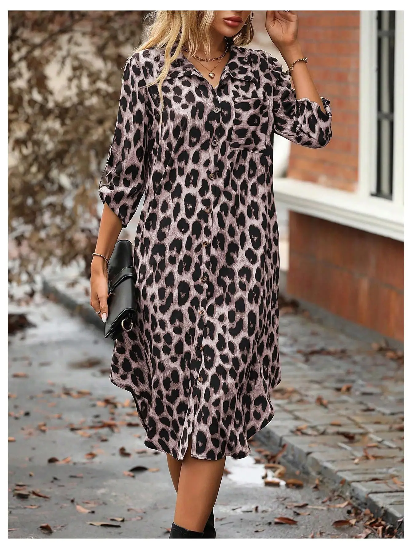 European American Leopard Print Sleeve Shirt Dress - Image 3