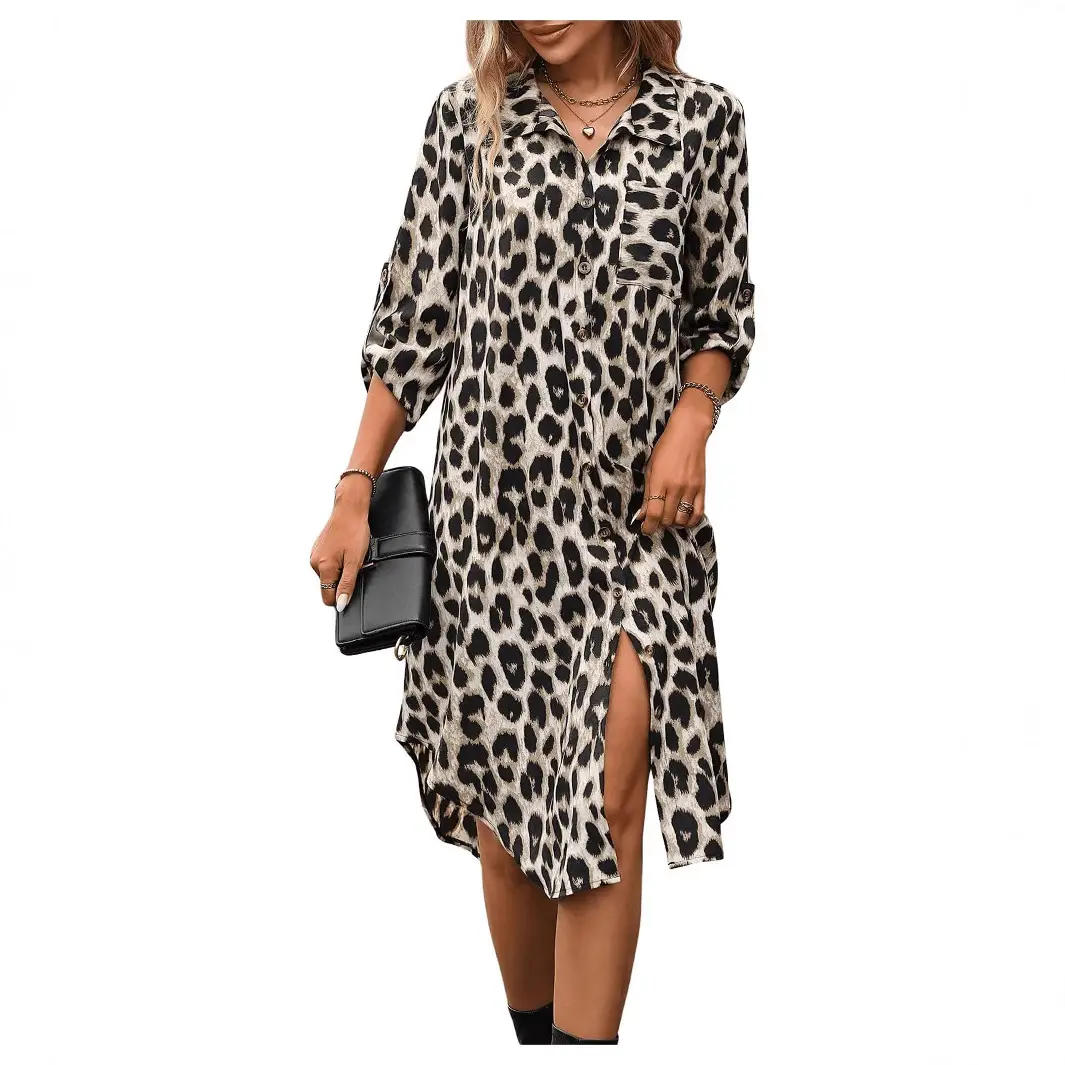 European American Leopard Print Sleeve Shirt Dress - Image 4