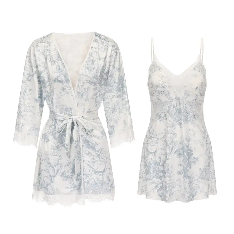 White Velvet Printed Nightgown Dress with Belt & Sleeves