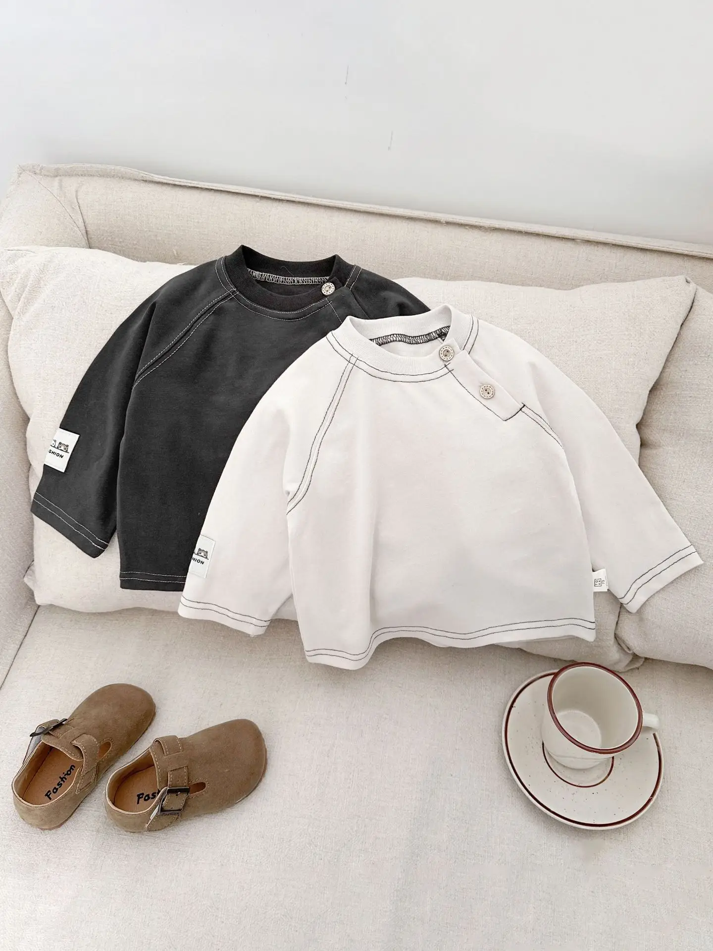 Boy's Spring Base Crewneck T-Shirt White Black Long Sleeve - Image 3