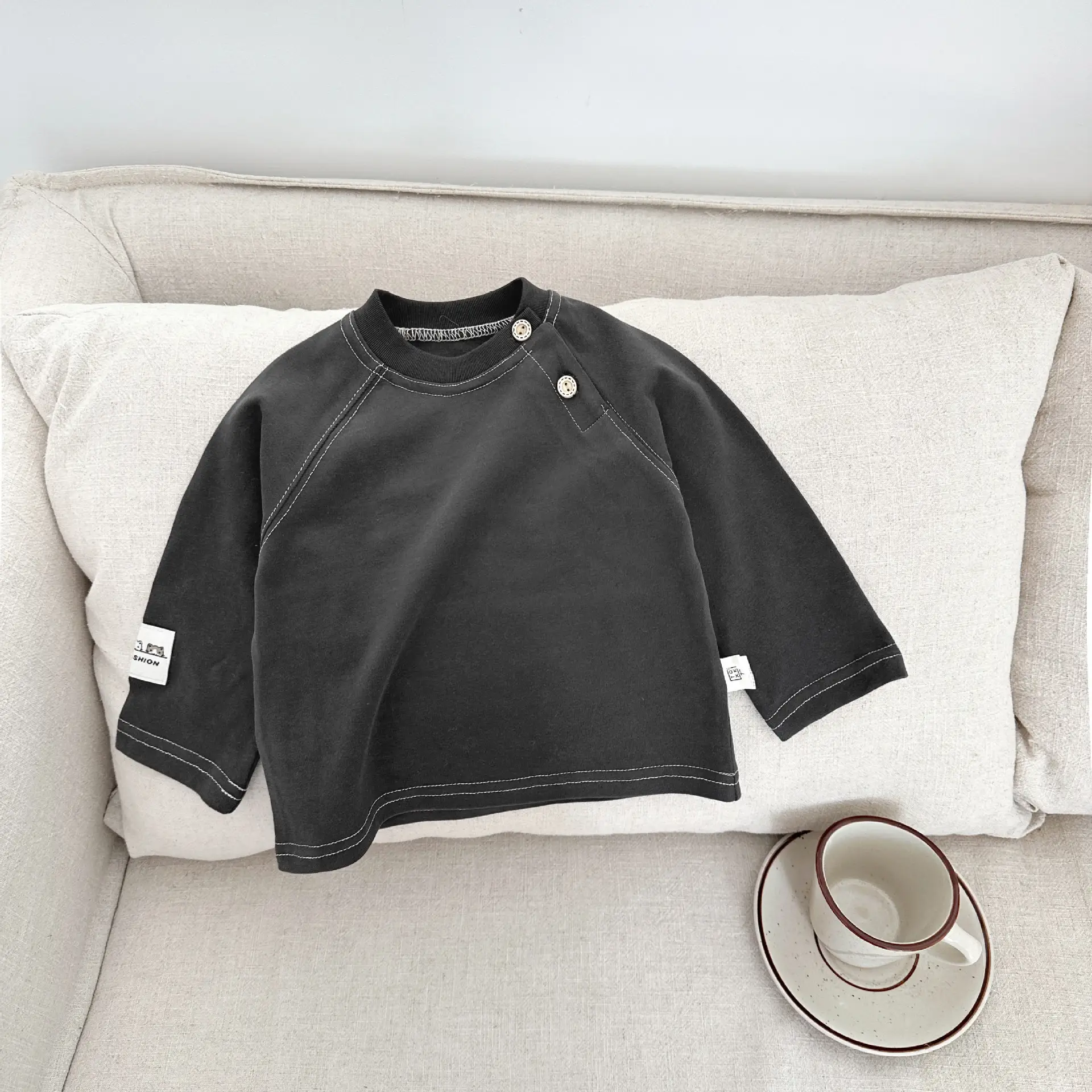 Boy's Spring Base Crewneck T-Shirt White Black Long Sleeve - Image 2