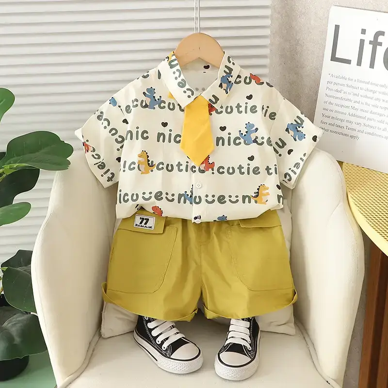 Boys Printed Tie Shirt Shorts Suit Green 2025 - Image 2