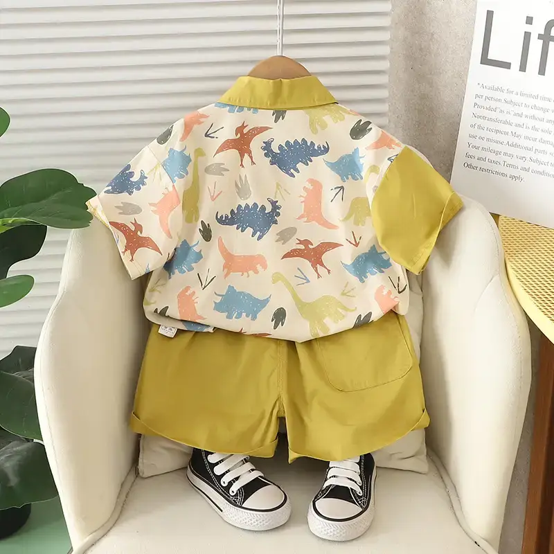 Boys Printed Tie Shirt Shorts Suit Green 2025 - Image 4
