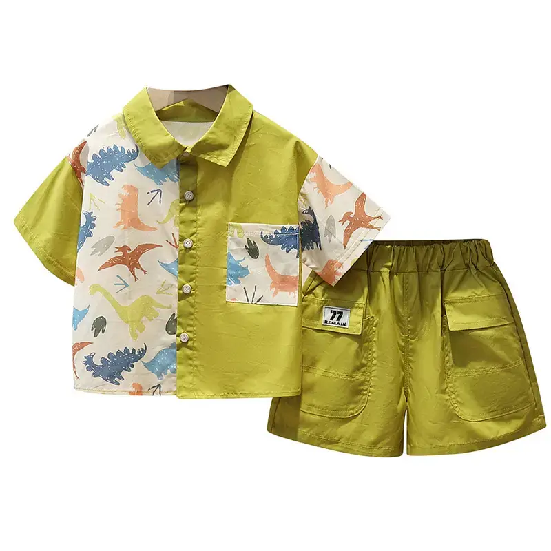 Boys Printed Tie Shirt Shorts Suit Green 2025 - Image 5