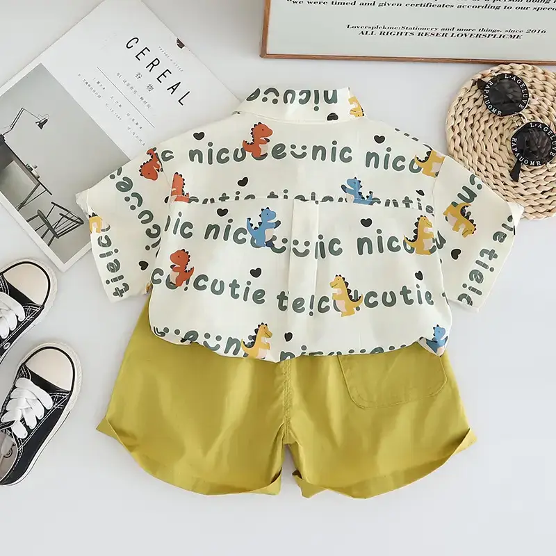 Boys Printed Tie Shirt Shorts Suit Green 2025 — feature 6