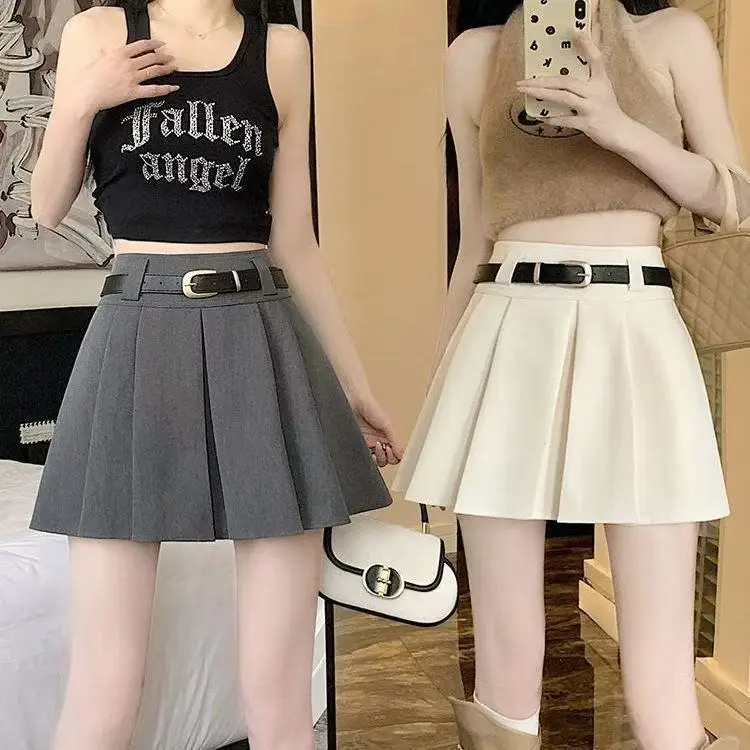 White Anti-Light Pleated Skirt with Belt for Women - Image 6