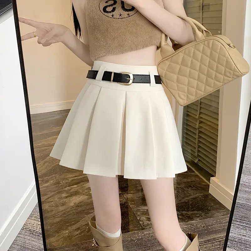 White Anti-Light Pleated Skirt with Belt for Women - Image 7